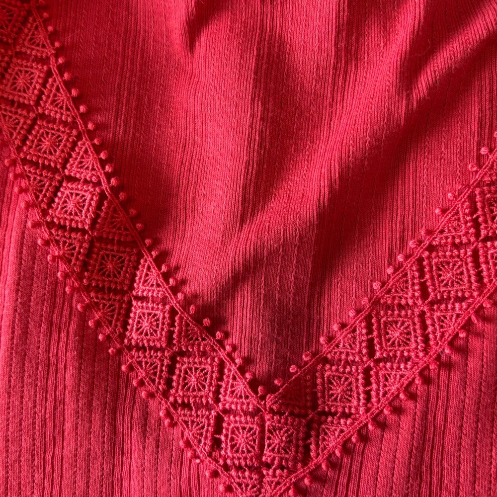 Soft Surroundings Lace Trim V-Neck Top Red Orange Short Sleeve Size L - Picture 5 of 6